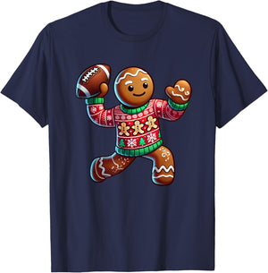 Football Christmas Gingerbread Man Football Ugly Christmas T-Shirt - T-Shirt | Navy