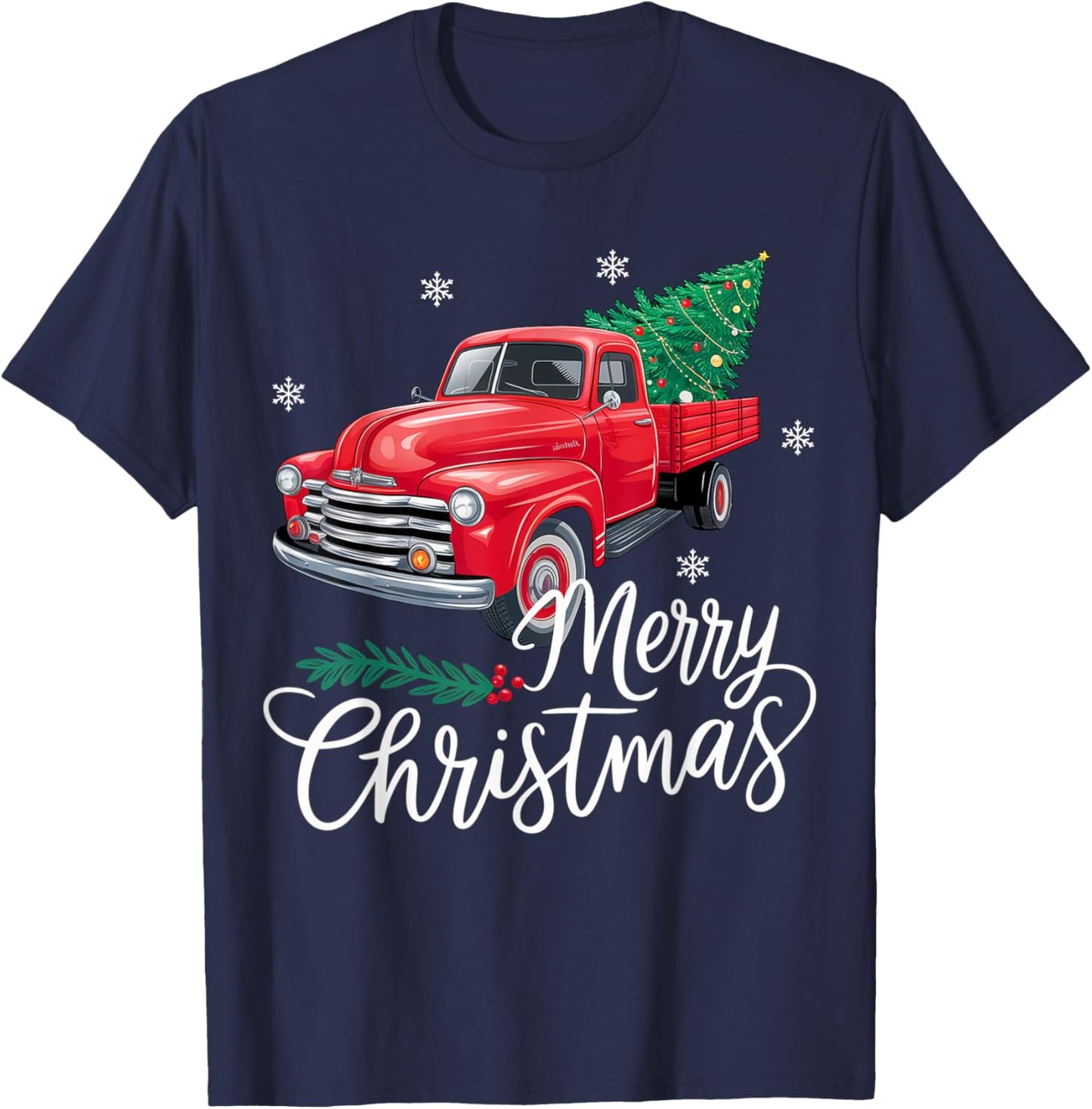 Vintage Wagon Red Truck Christmas Tree Pajama Family Xmas T-Shirt - T-Shirt | Navy