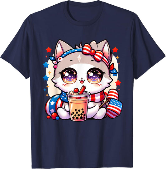 Cute 4th of July Cat Shirt Girls Kawaii Anime Boba Tea USA T-Shirt - T-Shirt | Navy