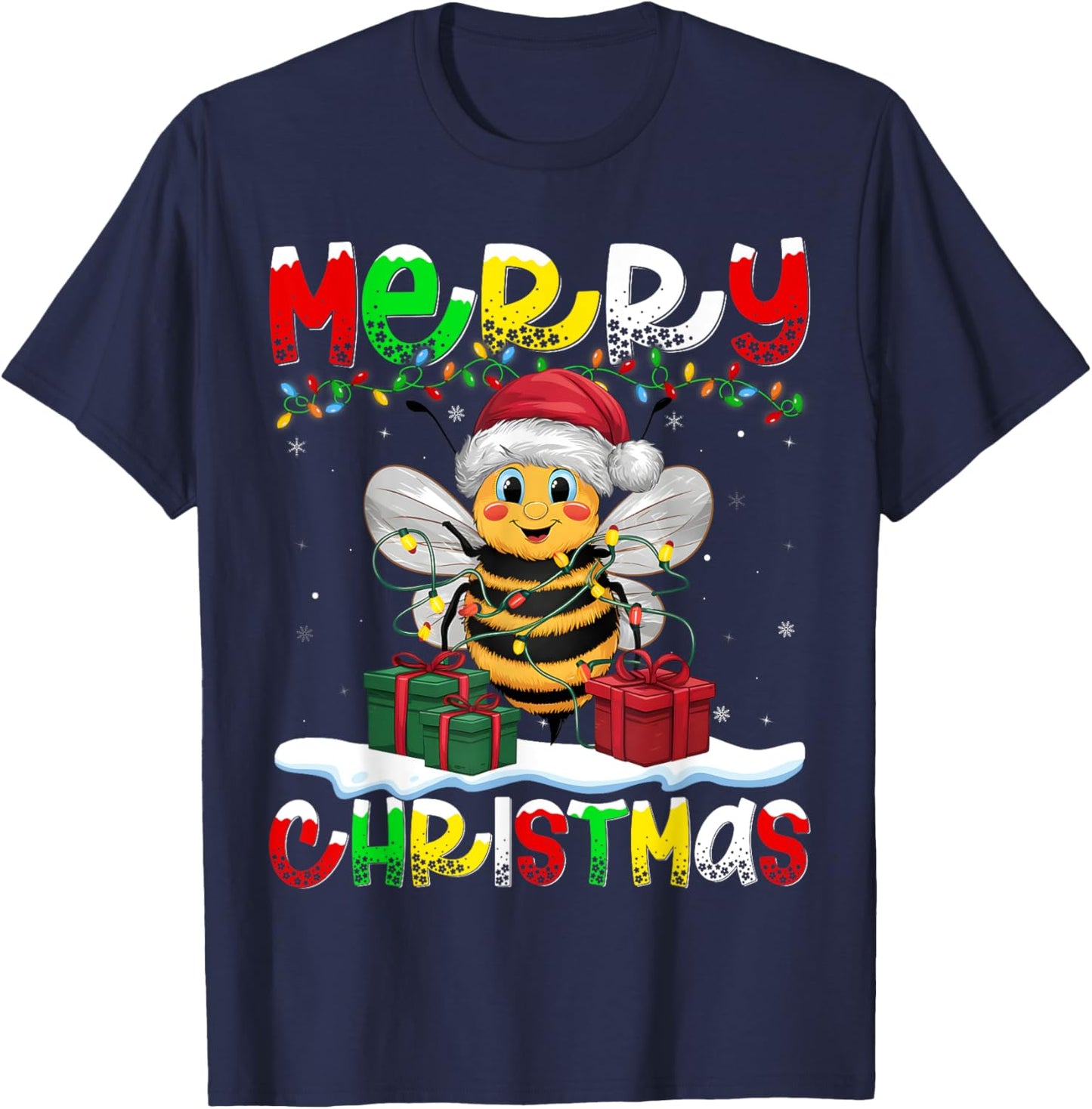 Xmas Lighting Santa Hat Bee Merry Christmas T-Shirt - T-Shirt | Navy