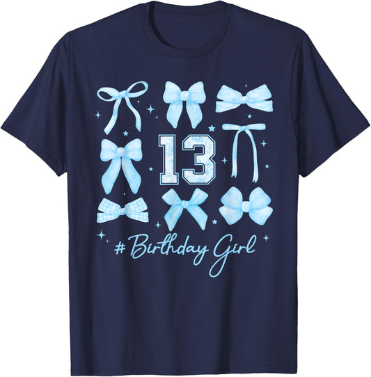 Birthday Girl 13th Blue Floral Coquette Bow Teenager T-Shirt - T-Shirt | Navy