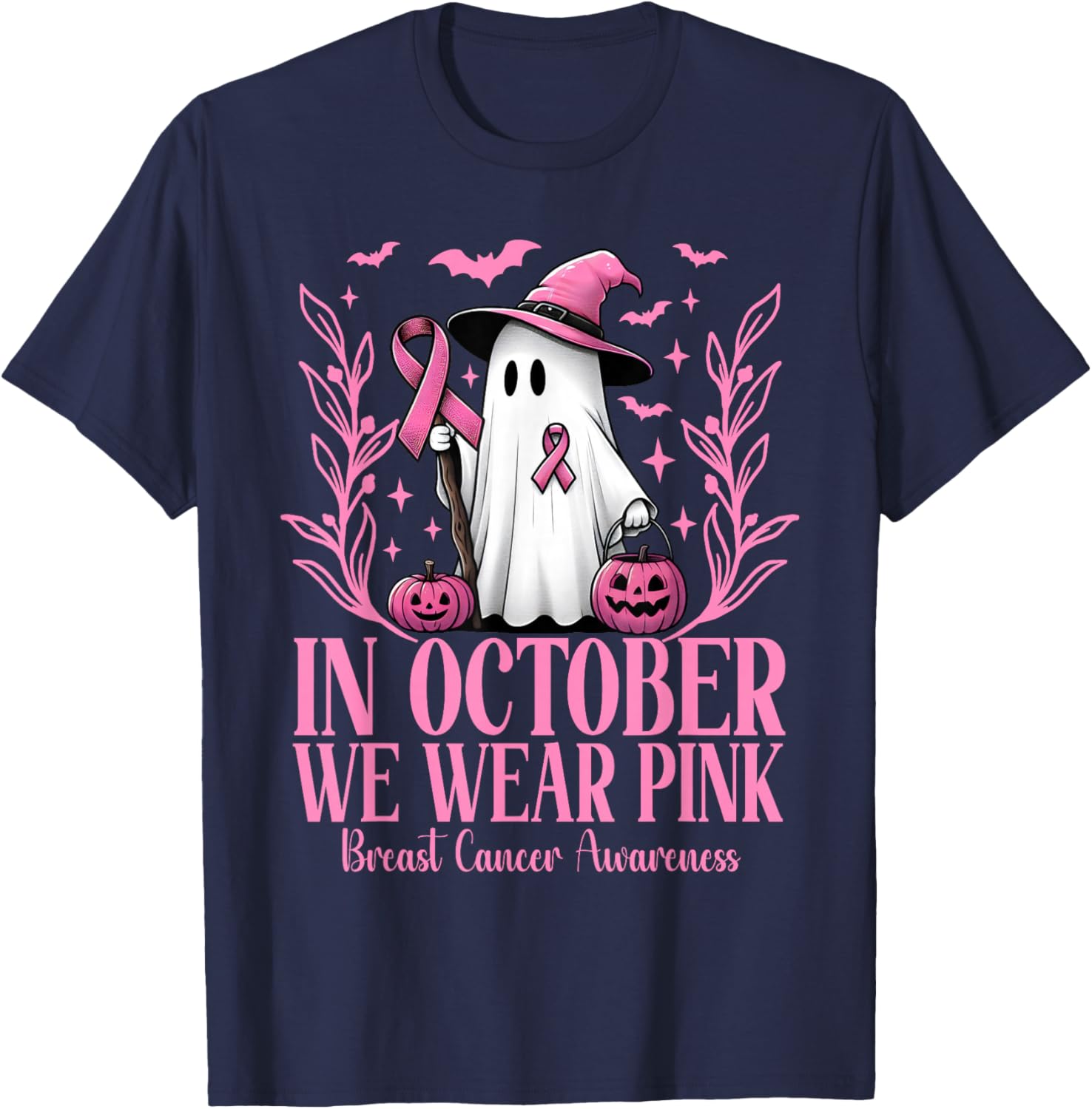 In October We Wear Pink Breast Cancer Witch Ghost Halloween T-Shirt - T-Shirt | Navy
