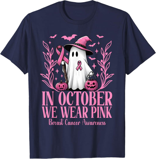In October We Wear Pink Breast Cancer Witch Ghost Halloween T-Shirt - T-Shirt | Navy