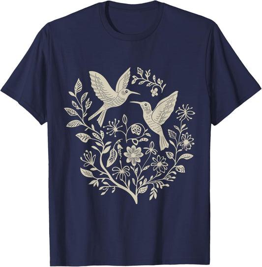 Cottagecore Birds and Flowers T-Shirt - T-Shirt | Navy
