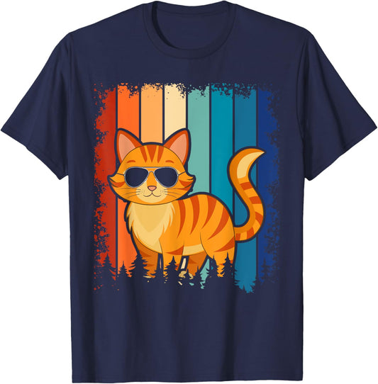 Vintage Style Orange Tabby Cat Friendly Wearing Sunglasses T-Shirt - T-Shirt | Navy