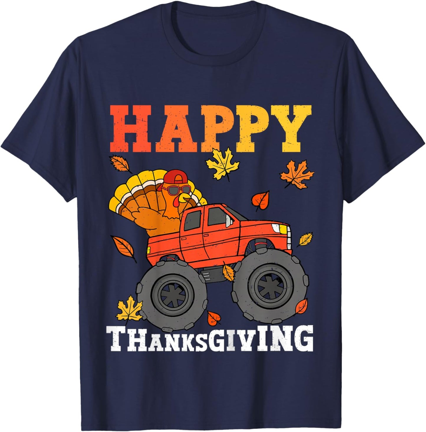 Kids Monster Truck Turkey Happy Thanksgiving Kids Toddler Boys T-Shirt - T-Shirt | Navy