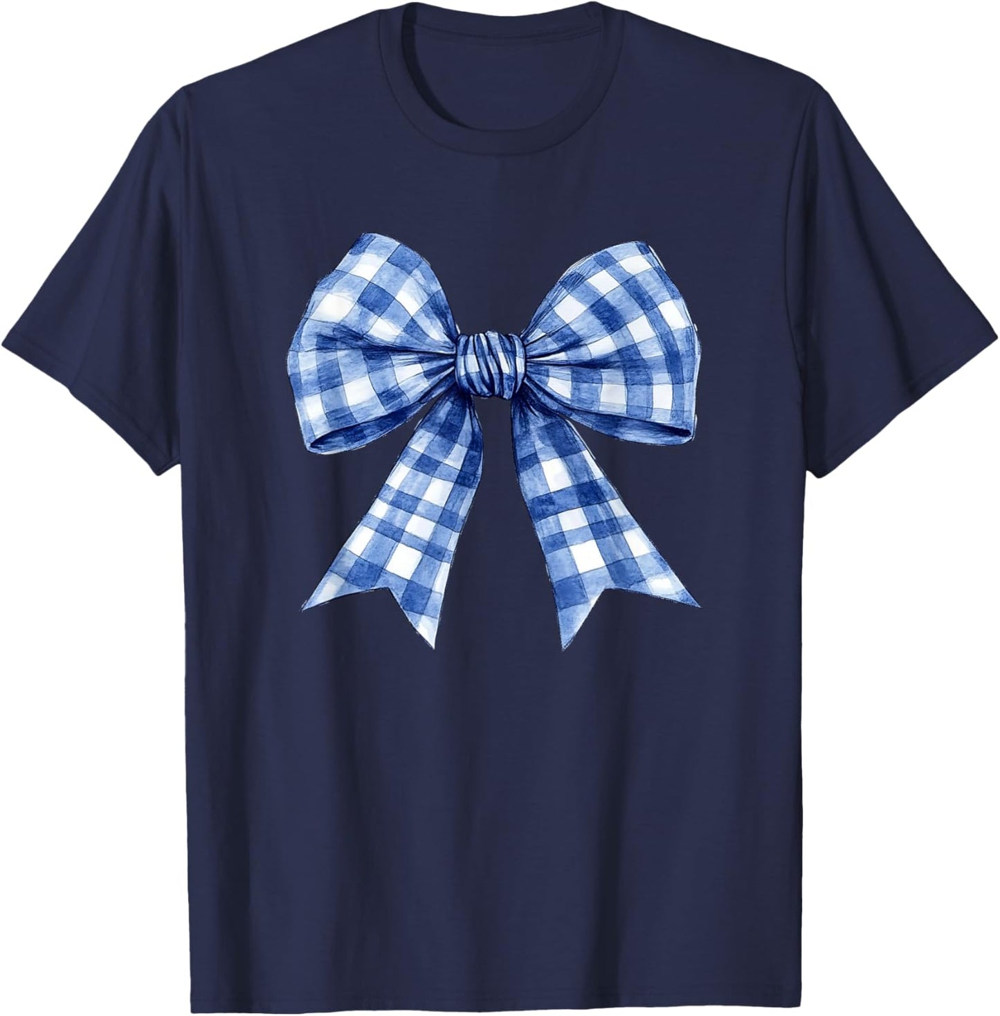 Blue Gingham Coquette Bow Trendy Retro Plaid Cute T-Shirt - T-Shirt | Navy