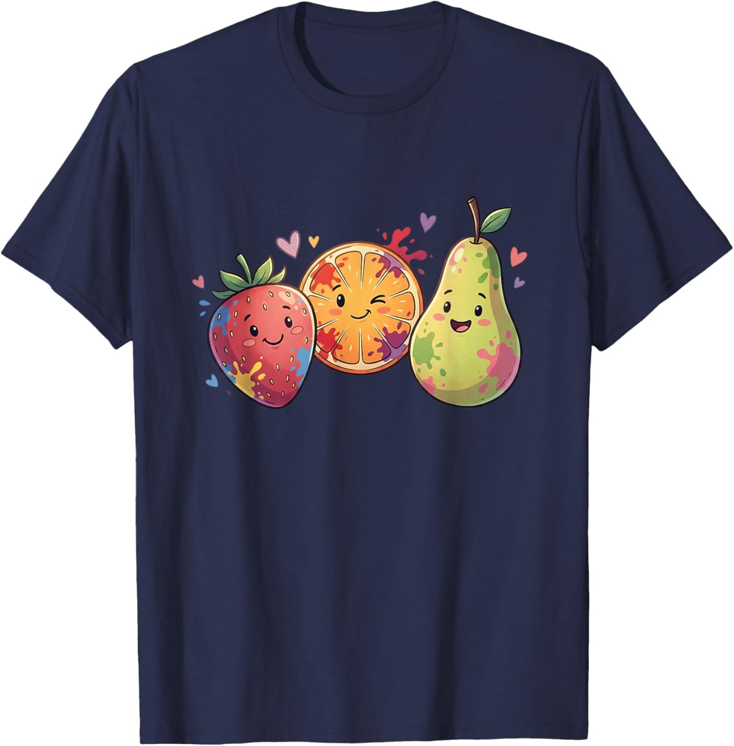 Smiling Fruit Friends Strawberry Orange Pear T-Shirt - T-Shirt | Navy