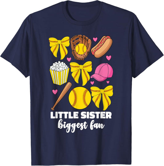 Little Sister Biggest Fan Softball Baby Girls Coquette Bow T-Shirt - T-Shirt | Navy