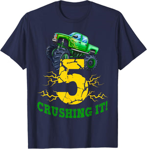 5 Years Old Boys Crushing It Monster Truck 5th Birthday Boy T-Shirt - T-Shirt | Navy