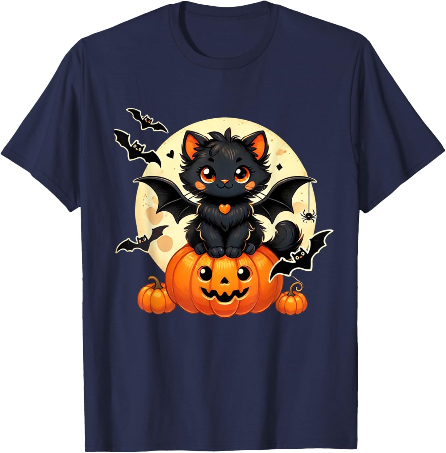 Cute Black Cat With Bat Wings Pumpkin Women Men Halloween T-Shirt - T-Shirt | Navy