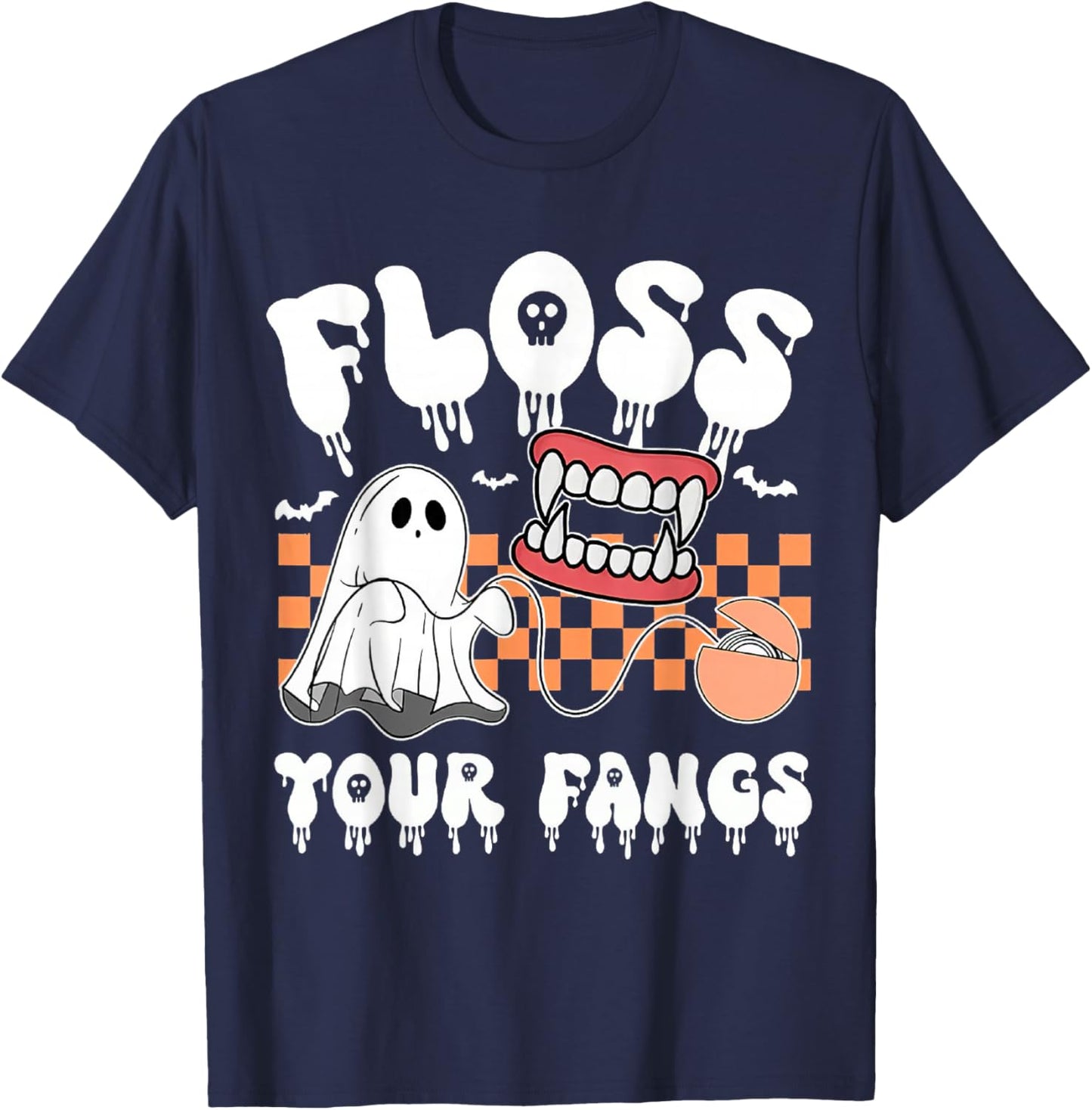 Retro Funny Teeth Floss Your Fangs Dentist Spooky Halloween T-Shirt - T-Shirt | Navy