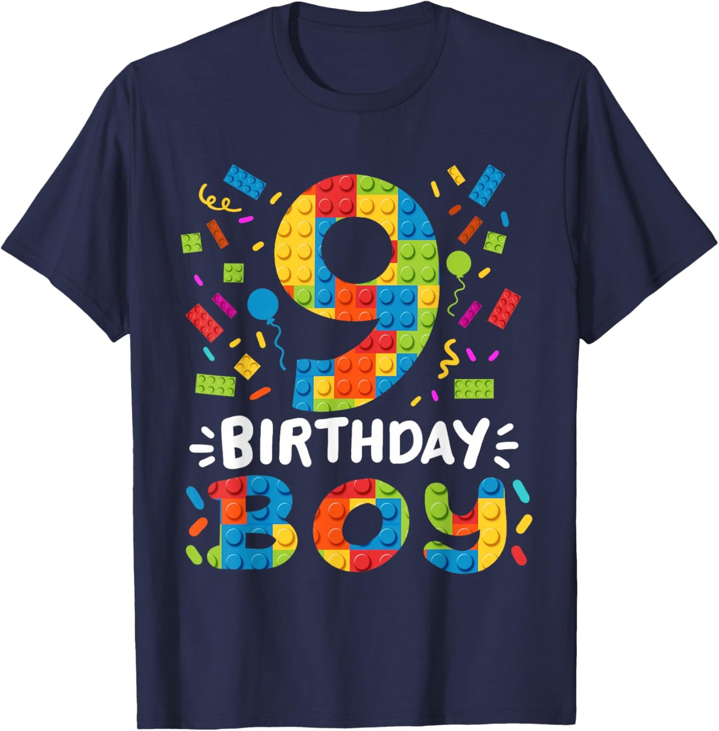 Kids 9 Years Old Building Blocks Builder 9th Birthday Boys T-Shirt - T-Shirt | Navy