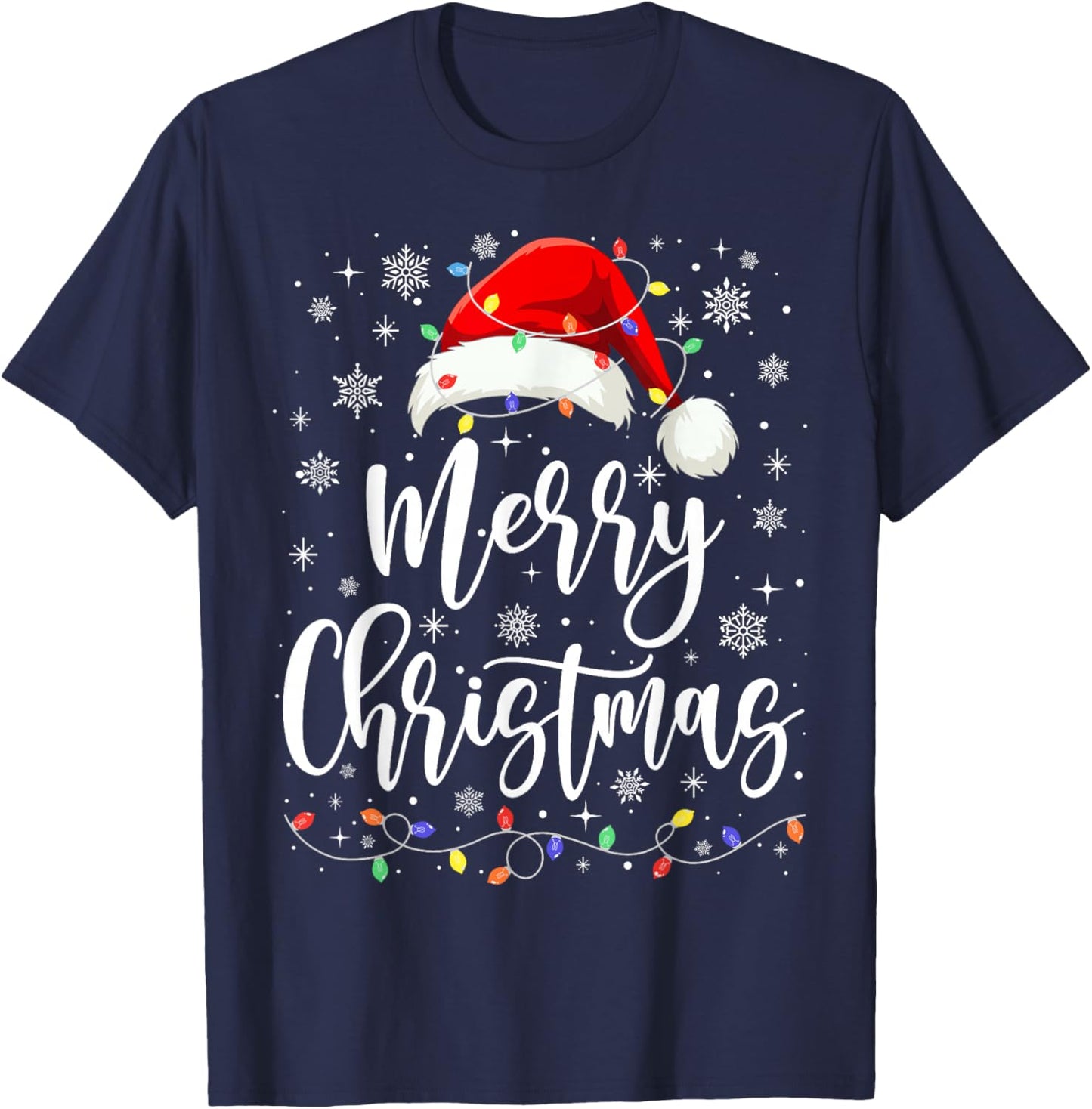 Merry Christmas Lights Red Santa Hat Xmas Family Men Women T-Shirt - T-Shirt | Navy