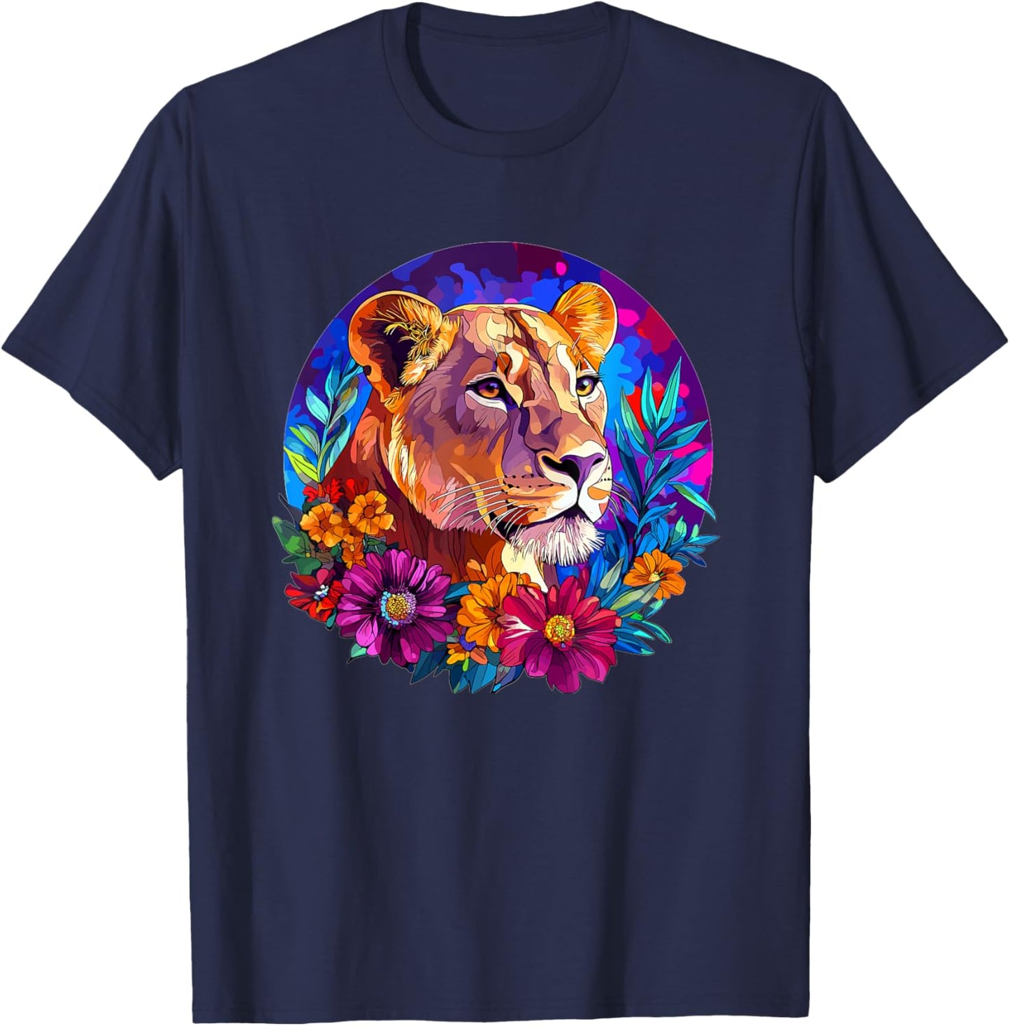 Lioness in Vibrant Floral Jungle T-Shirt - T-Shirt | Navy