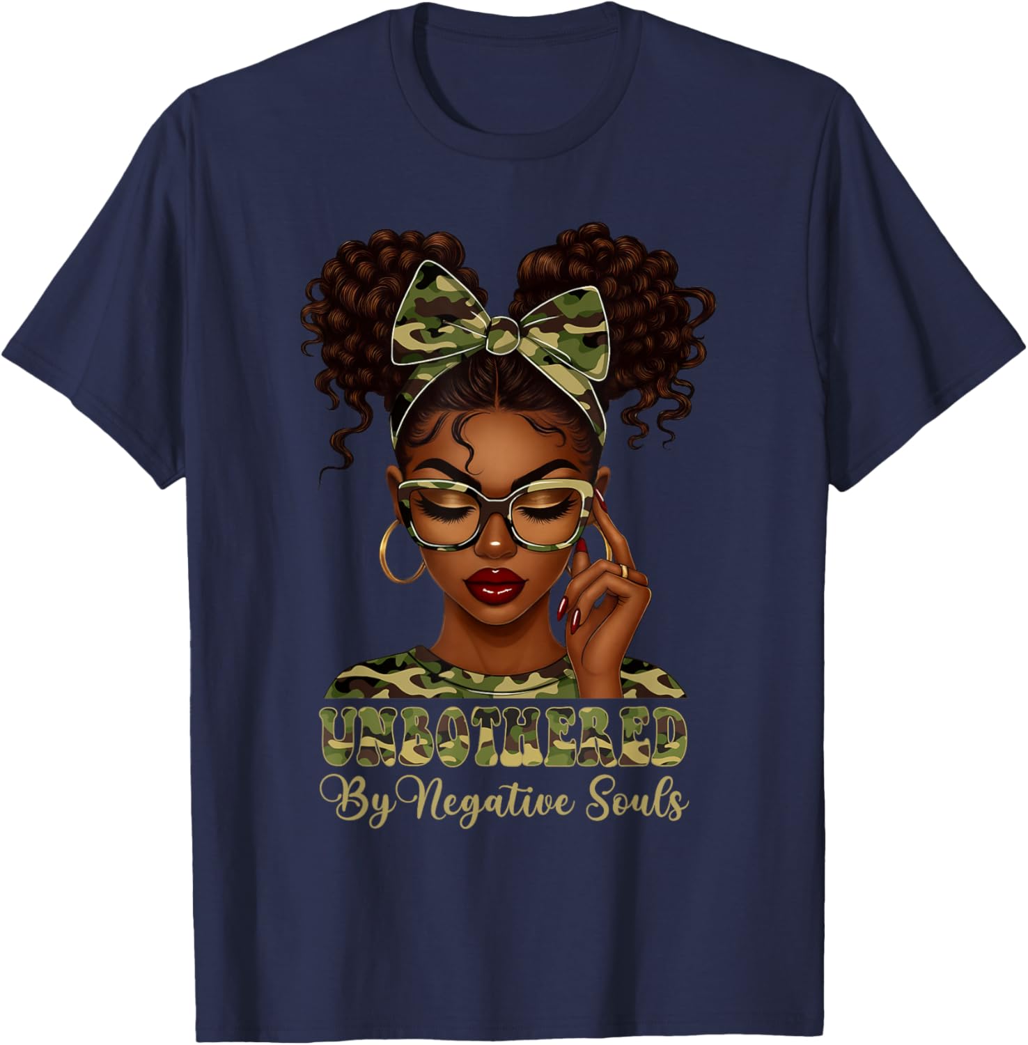 Unbothered By Negative Souls Black Girl Woman Camouflage Bow T-Shirt - T-Shirt | Navy