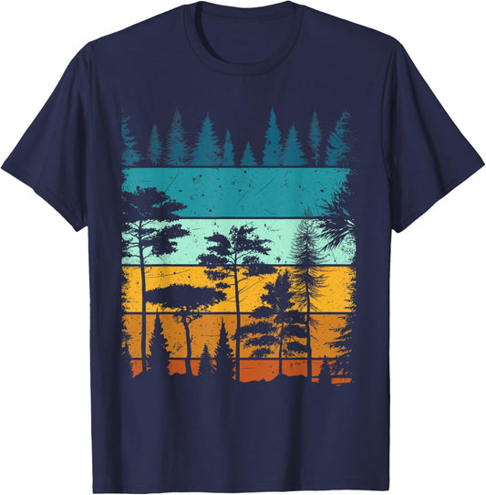 Retro Forest Trees Outdoors Nature Wildlife Vintage Graphic T-Shirt - T-Shirt | Navy