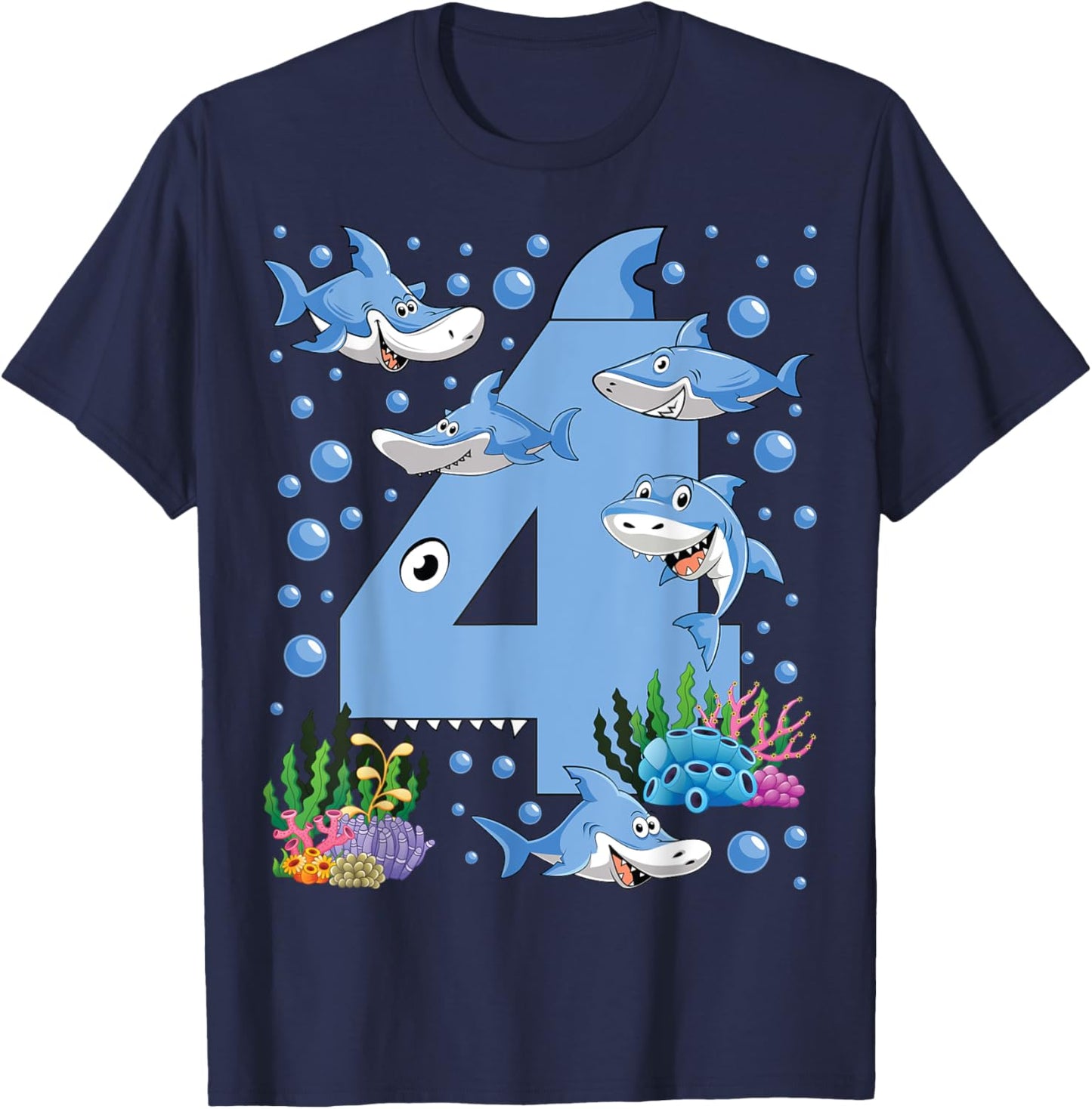 Kids 4 Years Old Shark Ocean Theme 4th Birthday Boy Party T-Shirt - T-Shirt | Navy