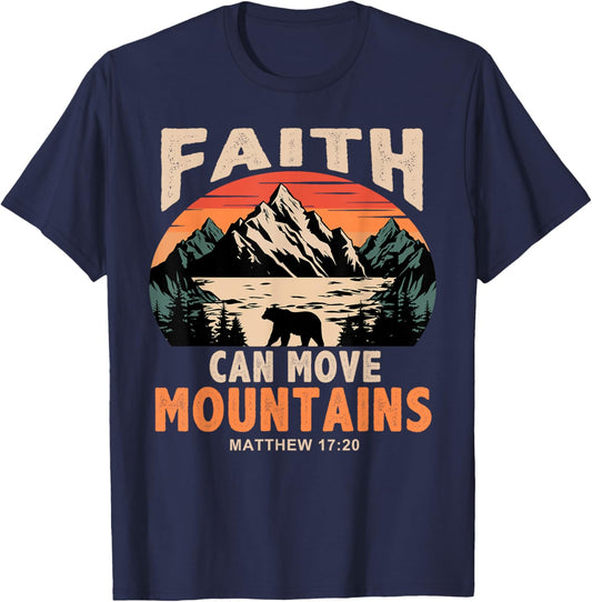 Faith Can Move Mountains Retro Sunset Bible Verse Christian T-Shirt - T-Shirt | Navy