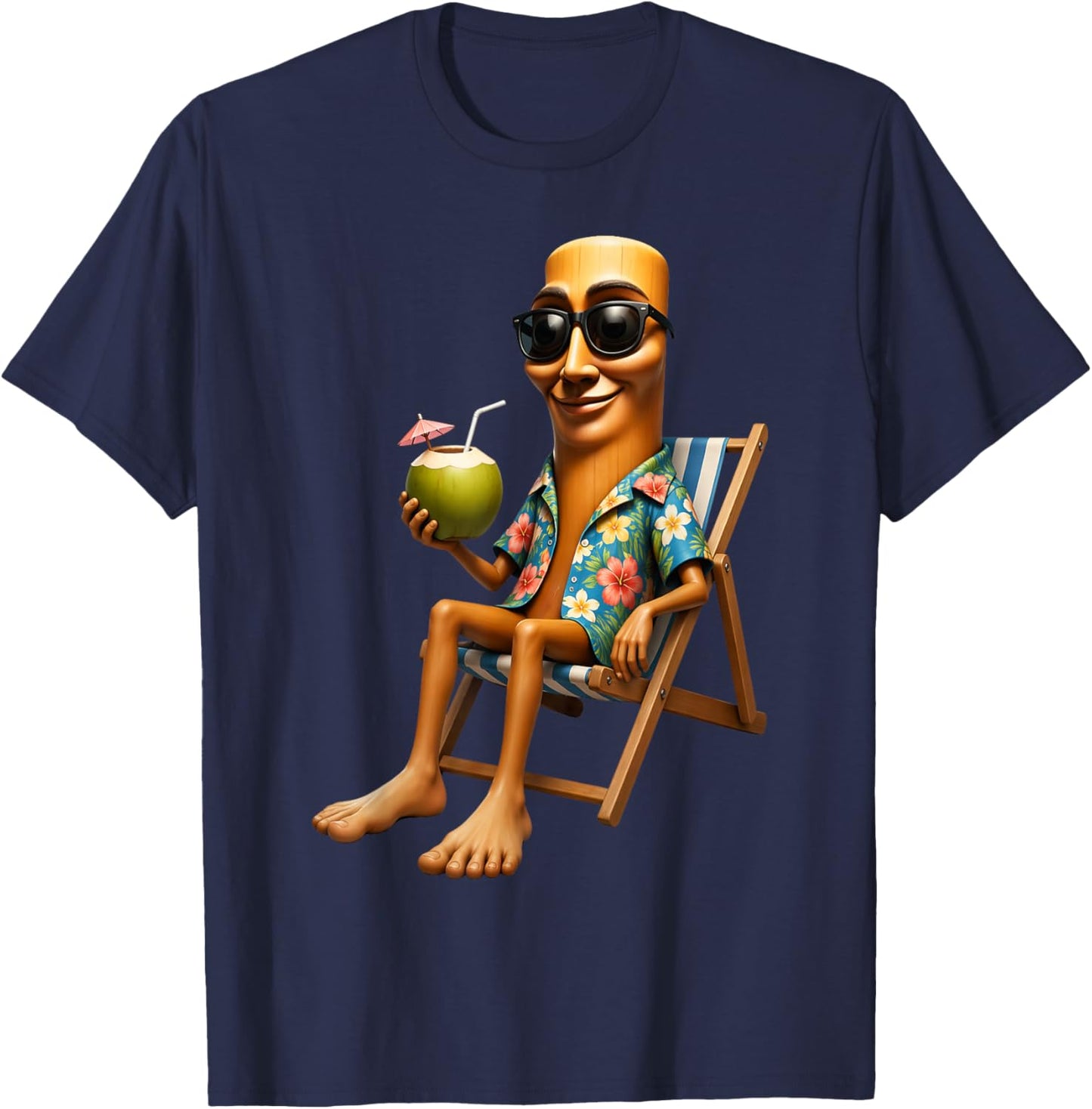 Brainrot Enjoying Summer Time Coconut Tung Sahur Sunglasses T-Shirt - T-Shirt | Navy