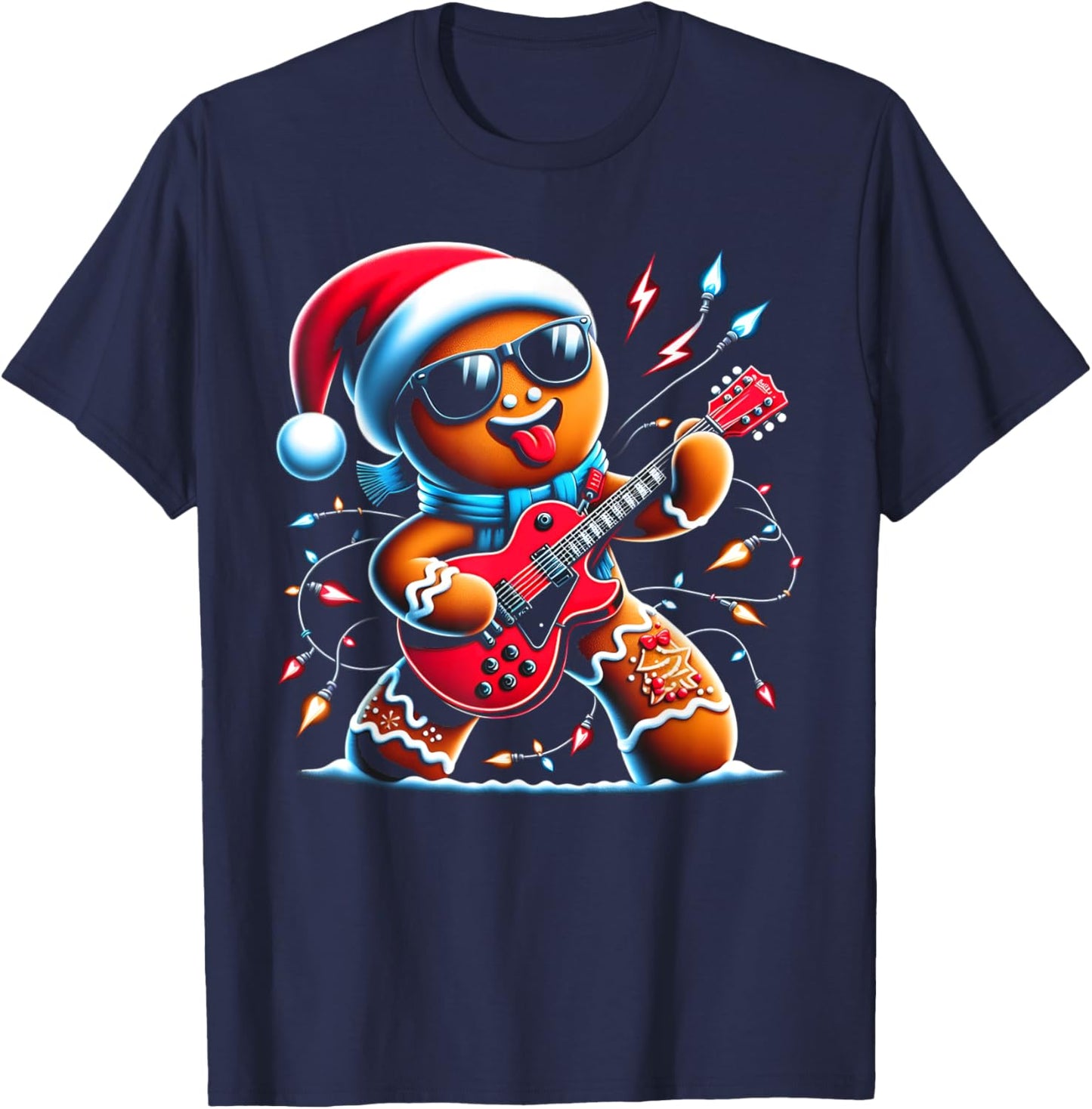 Rock Guitar Gingerbread Playing Guitar -Funny Christmas Kids T-Shirt - T-Shirt | Navy