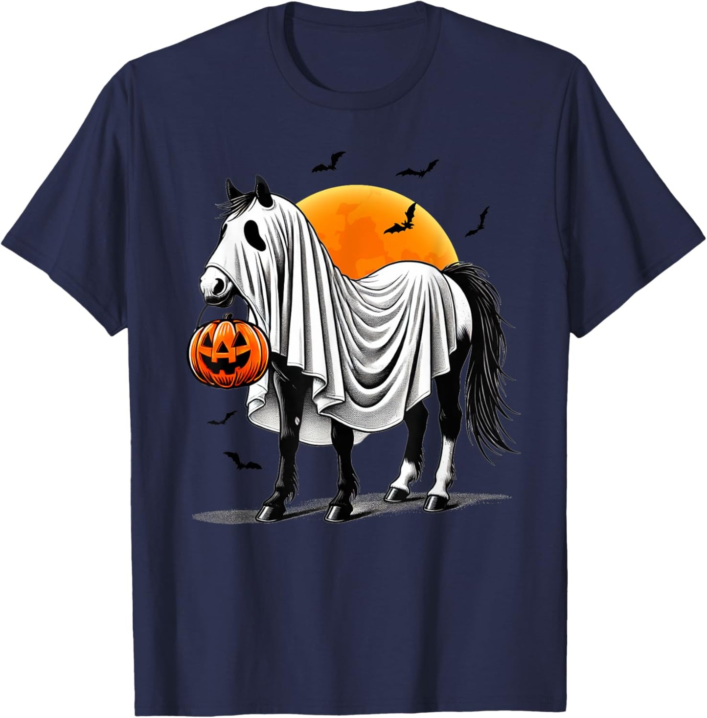 Funny Horse With Jackolantern Ghost Halloween Rider Riding T-Shirt - T-Shirt | Navy