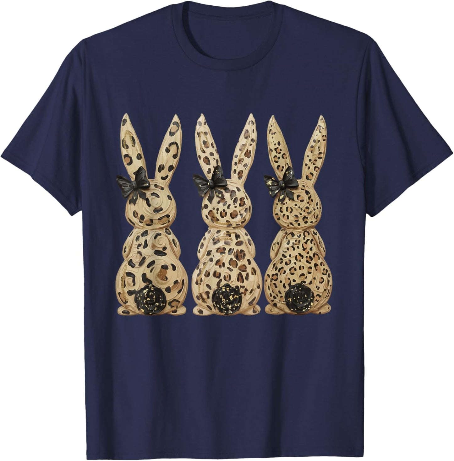 Leopard Cute Bunny Bow Funny Christian Easter Day Girly T-Shirt - T-Shirt | Navy