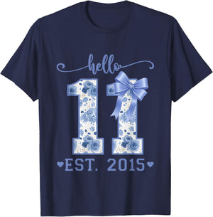 Hello 11 Est 2015 Blue Coquette Bow 11th Birthday Girl T-Shirt - T-Shirt | Navy