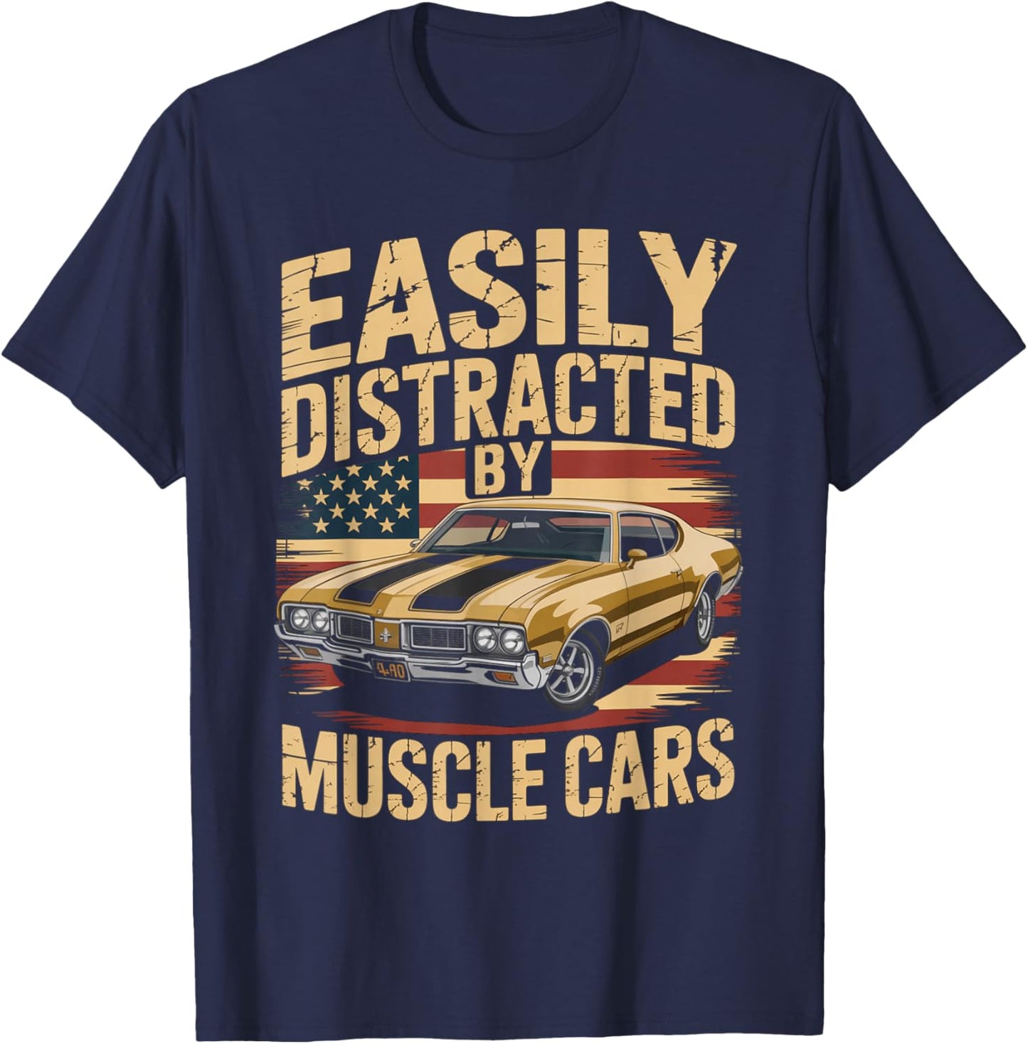 Easily Distracted By Muscle Cars Retro Ride Vibe Auto Fans T-Shirt - T-Shirt | Navy