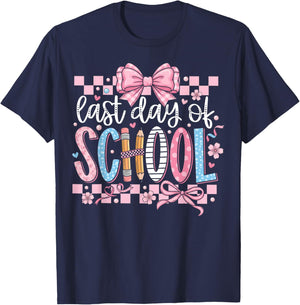 Last Day of School Coquette Bow Checkered Teacher T-Shirt - T-Shirt | Navy