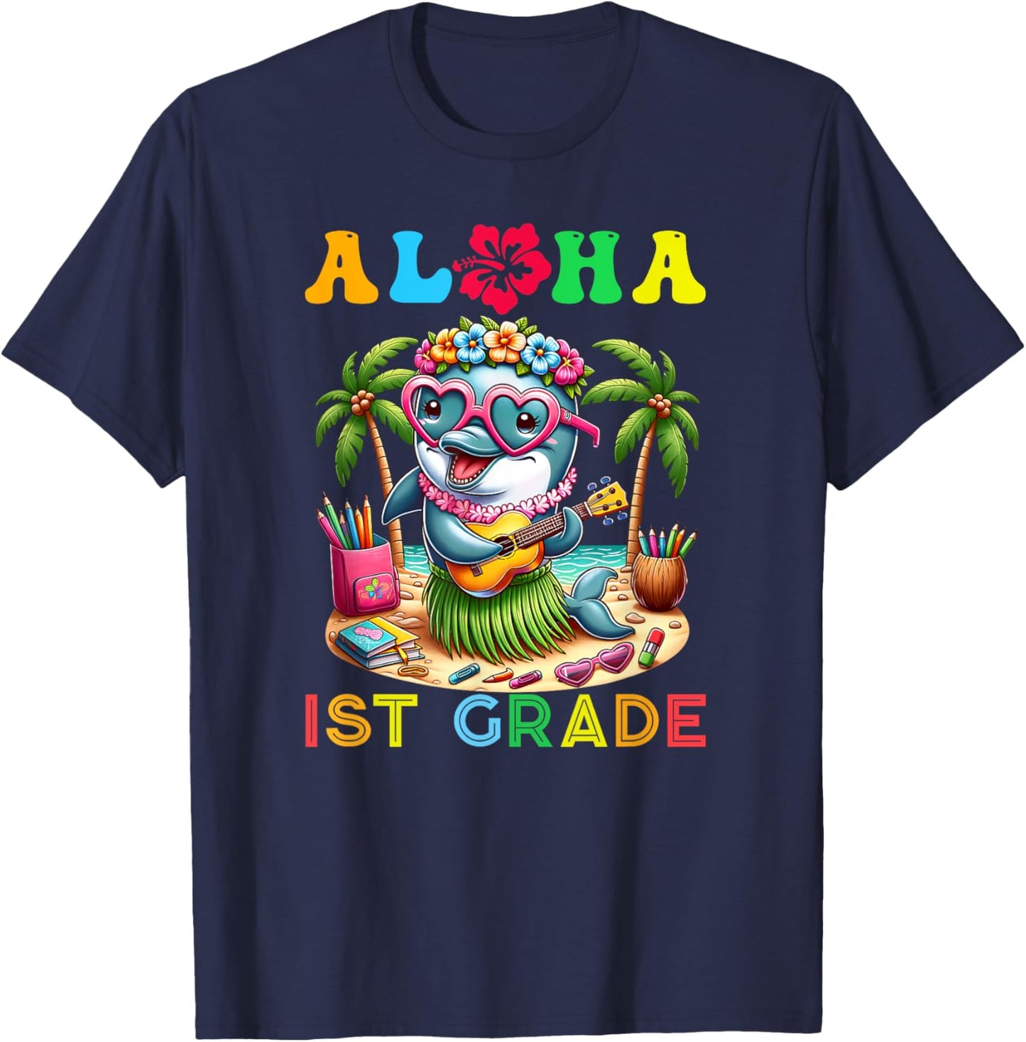 Aloha First Grade Dolphin Hawaii Back to School Kids Girl T-Shirt - T-Shirt | Navy