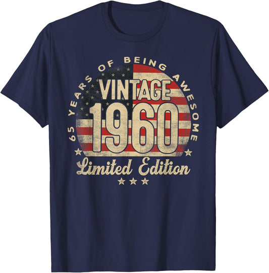 Vintage 1960 Limited Edition 65-Year-Old Gifts USA Flag T-Shirt - T-Shirt | Navy
