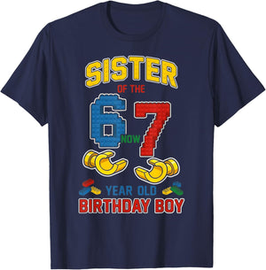Sister 67 Meme Birthday 7 Years Old Building Blocks Bricks T-Shirt - T-Shirt | Navy