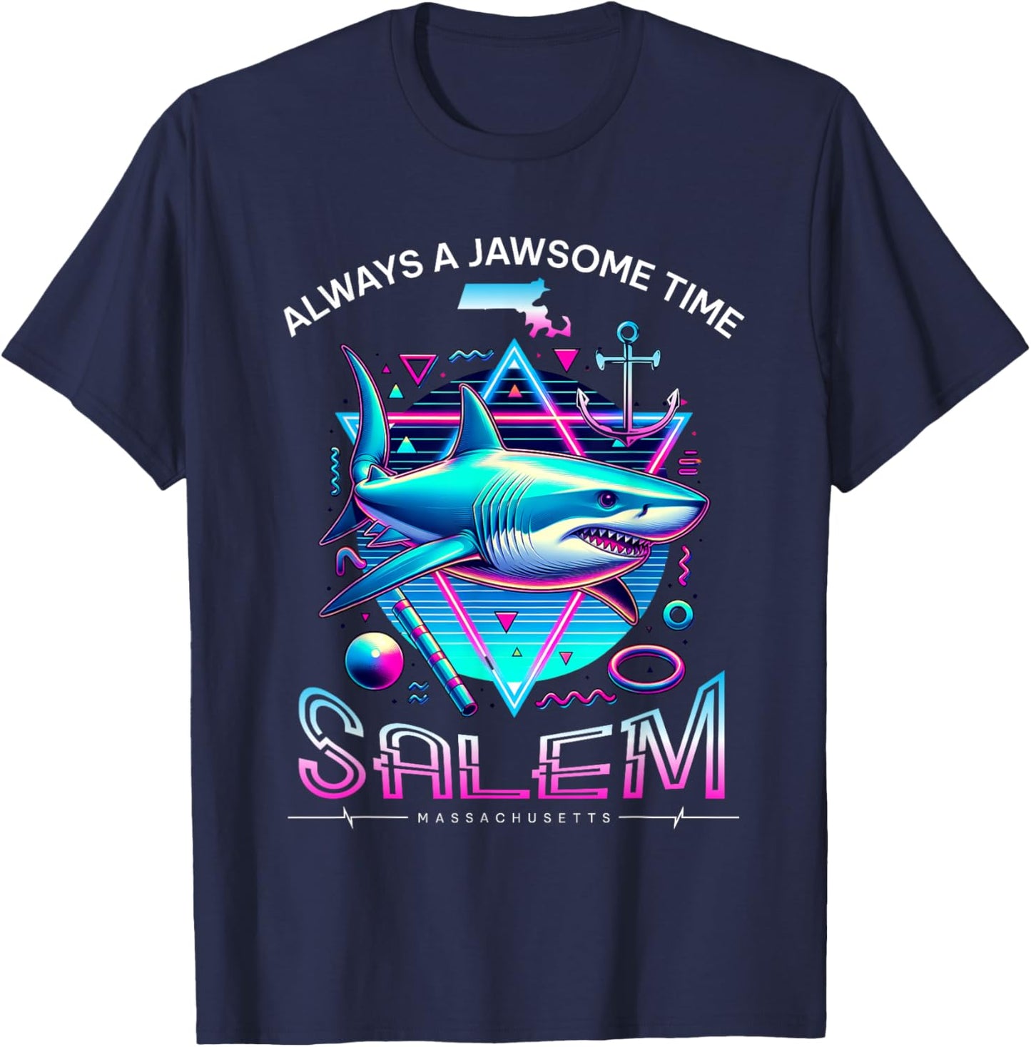 Salem MA Shark Retro 80s Funny Souvenir T-Shirt - T-Shirt | Navy