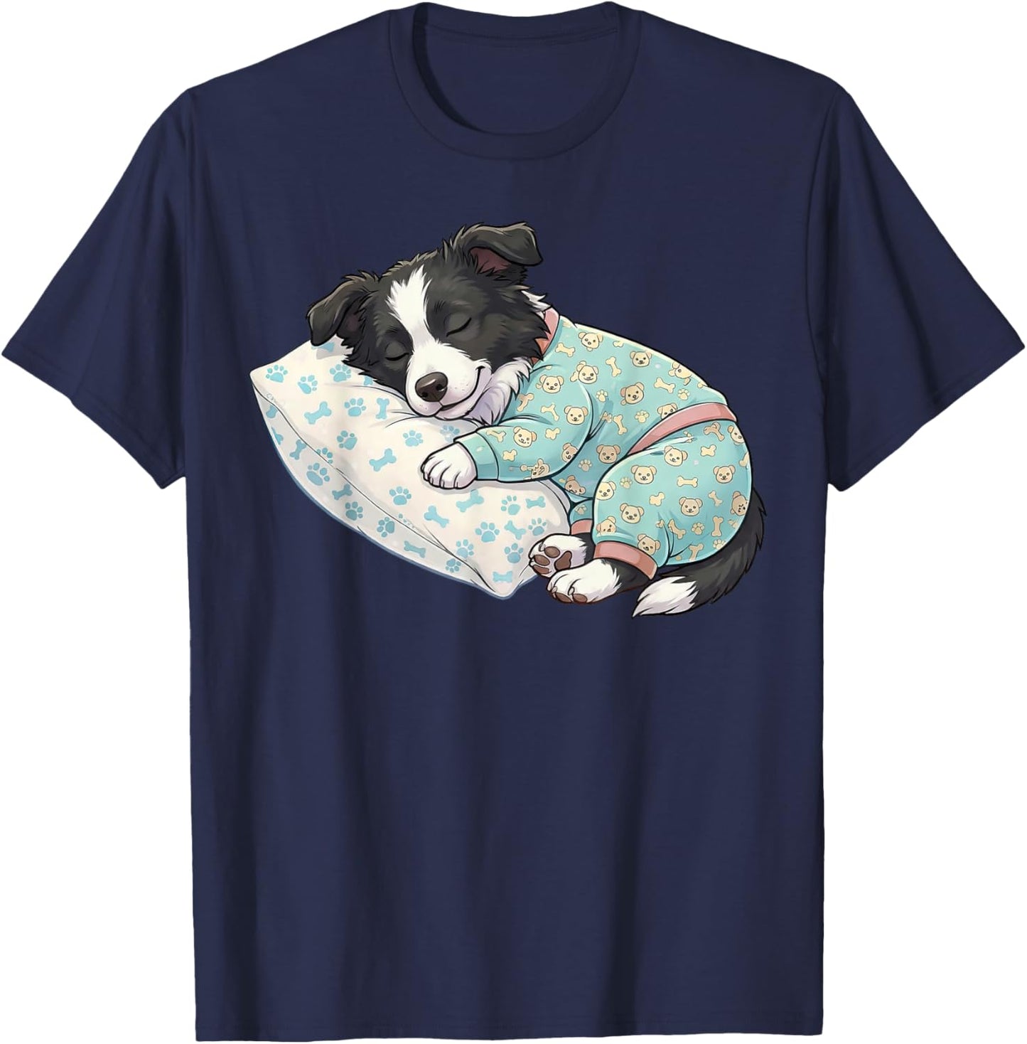 Cute Dog Border Collie Sleeping in Pajamas Bed Art T-Shirt - T-Shirt | Navy