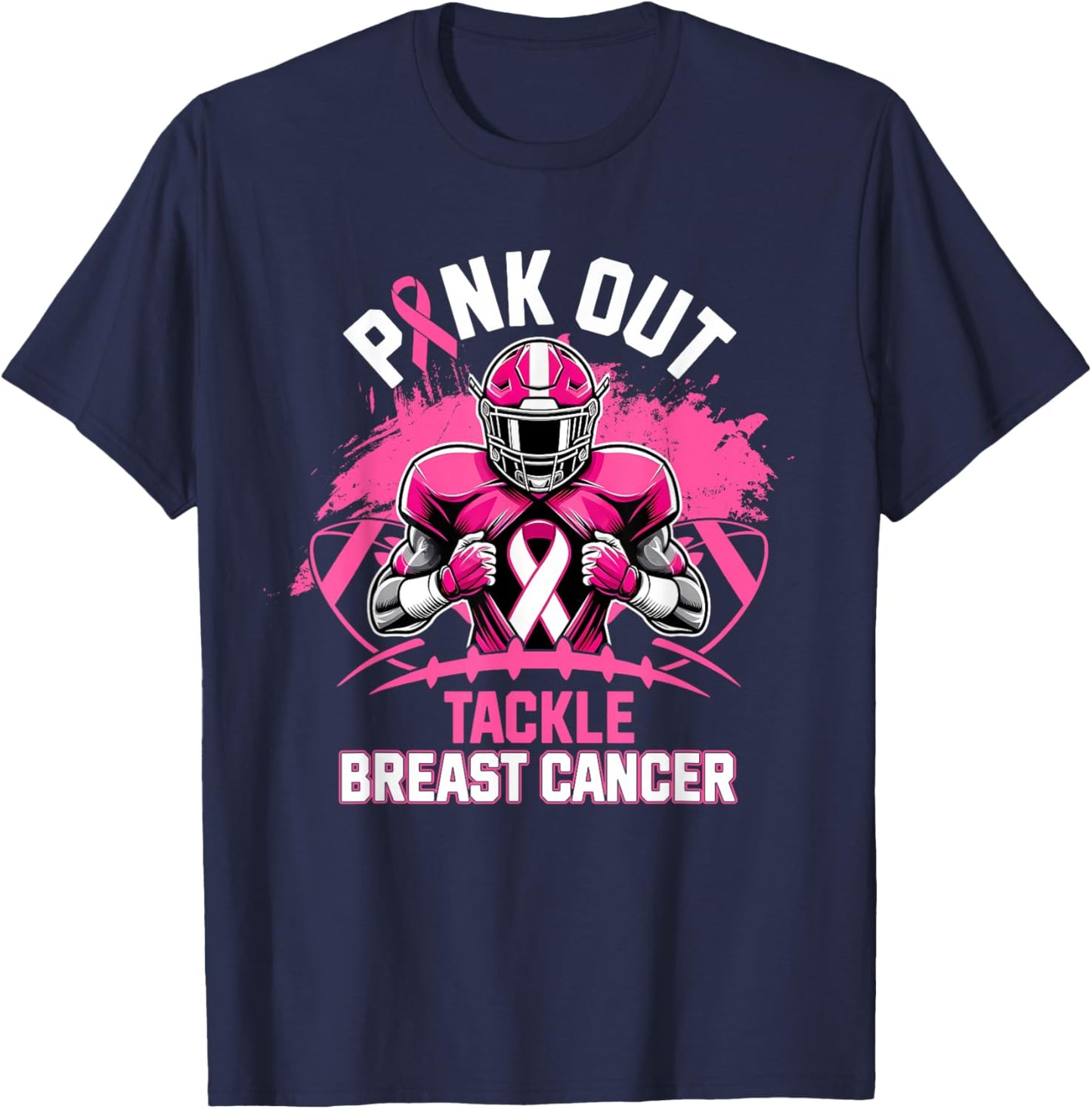 Pink Out Tackle Breast Cancer Awareness Football Pink Ribbon T-Shirt - T-Shirt | Navy