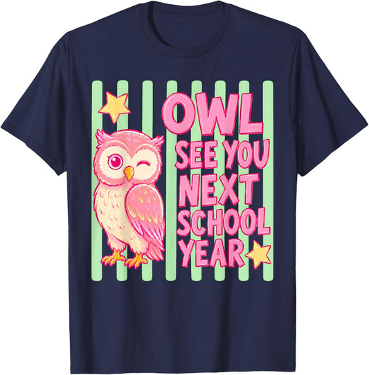 Cute Owl See You Next School Year Striped Last Day of School T-Shirt - T-Shirt | Navy