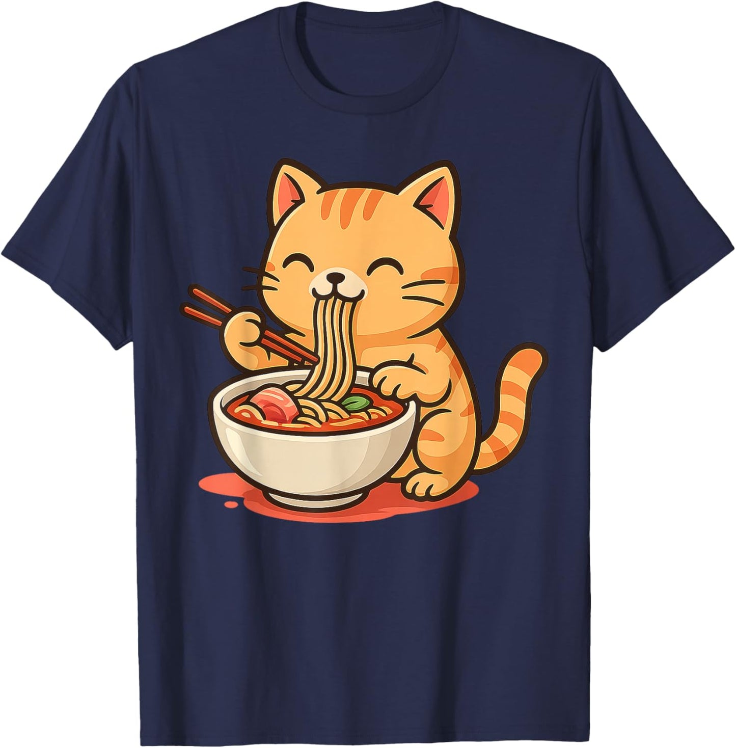 Anime Kawaii Cat Eating Ramen Noodles Men Women Teen Kids T-Shirt - T-Shirt | Navy