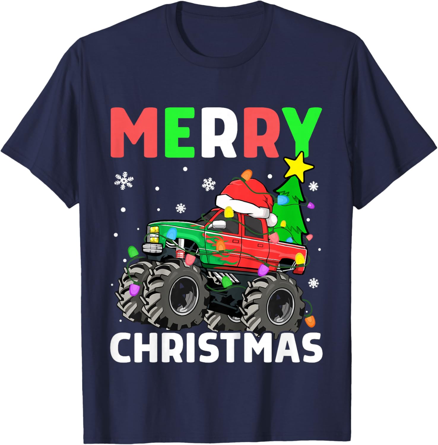 Kids Boys Merry Christmas Monster Truck Santa Hat Toddler Kids T-Shirt - T-Shirt | Navy