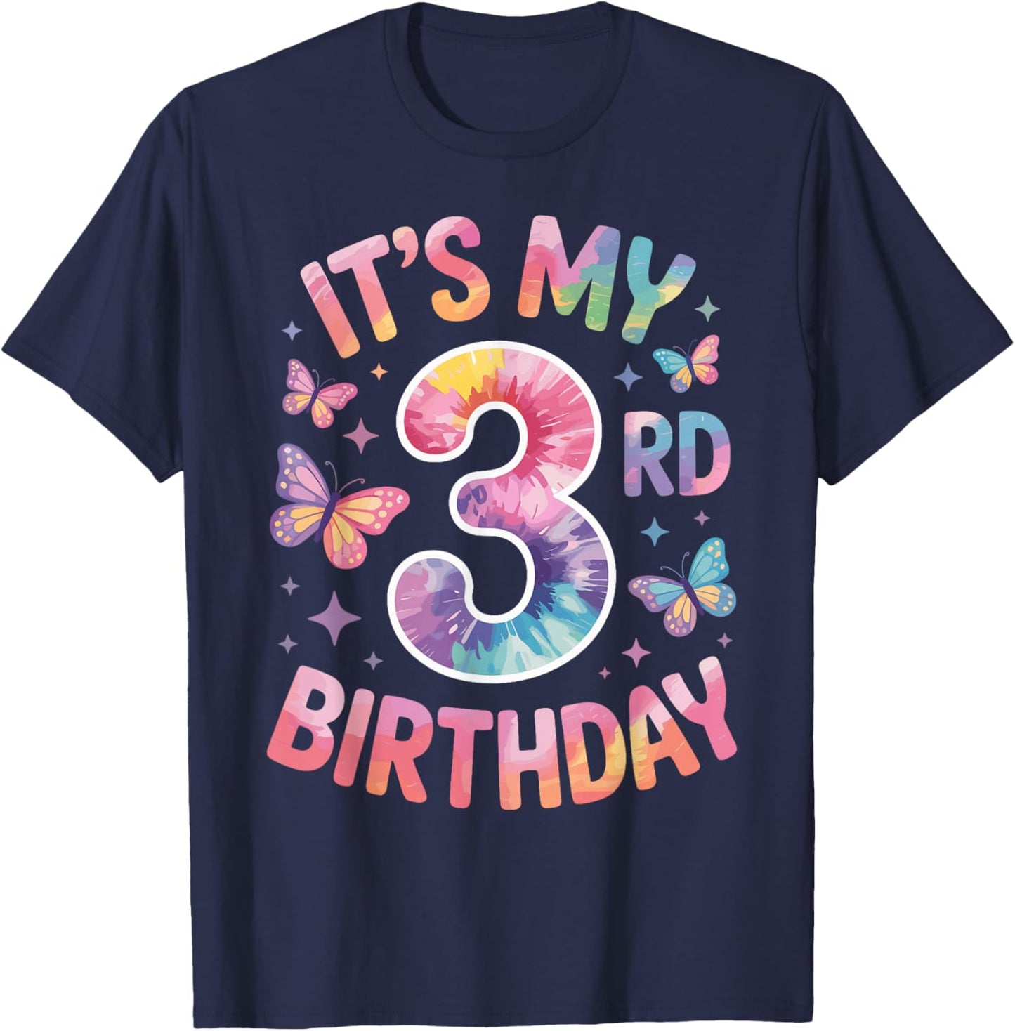 It's My 3rd Birthday - Tie Dye Butterfly Design T-Shirt - T-Shirt | Navy