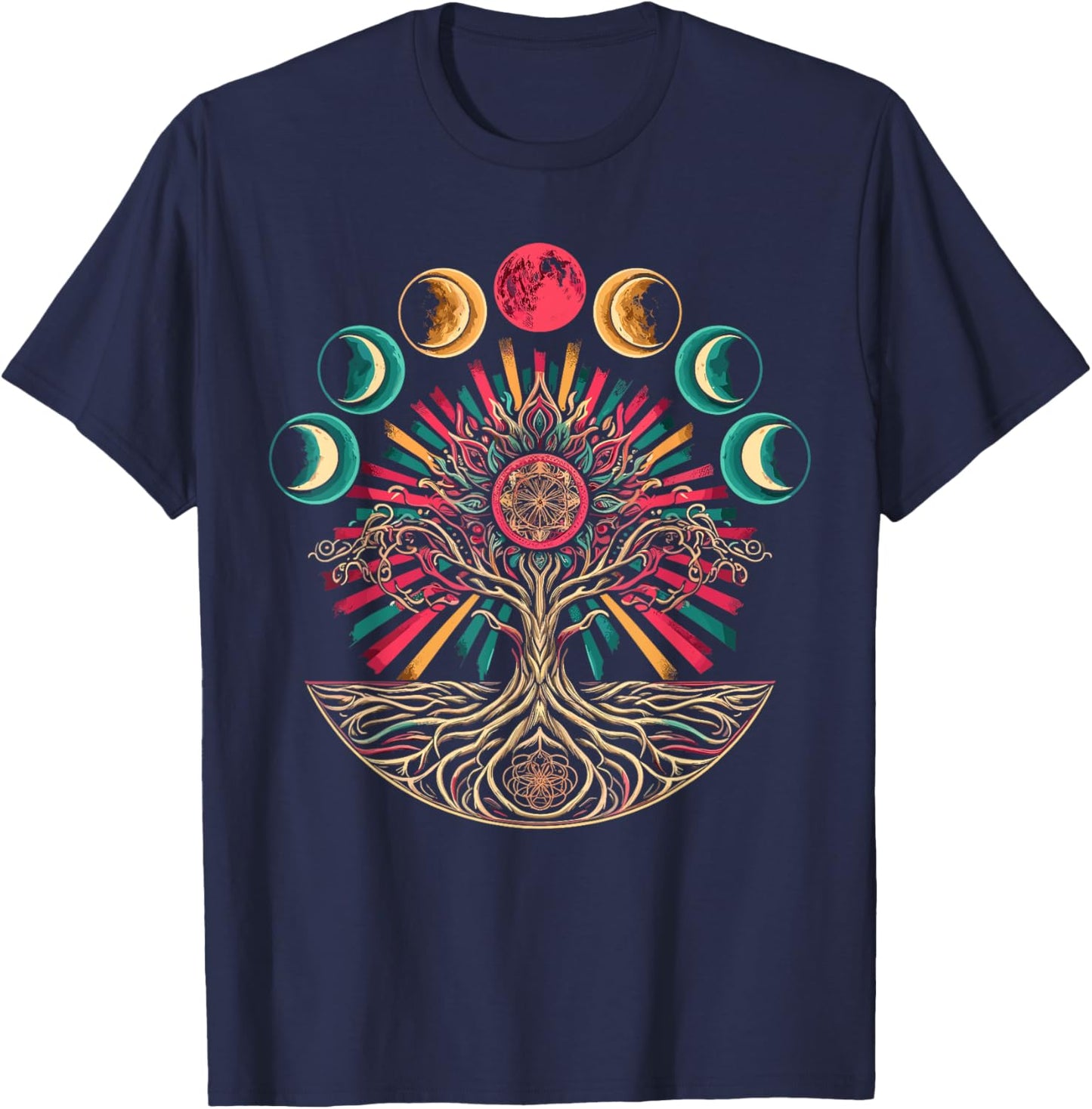 Phases of the Moon Retro 60's 70's Vibe Tree T-Shirt - T-Shirt | Navy