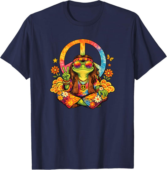 Colourful Hippie Frog with Peace Sign Flower Power T-Shirt - T-Shirt | Navy