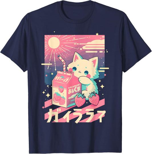 Cat Strawberry Milk Anime 90s Japanese Cat Japan T-Shirt - T-Shirt | Navy
