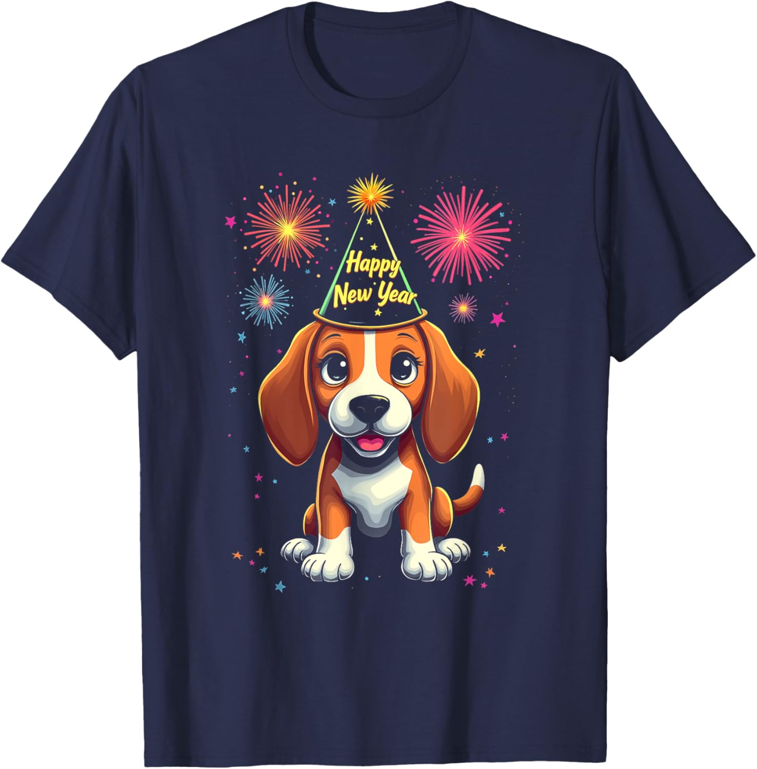 Happy New Year 2025 Eve Firework Dog Funny Beagle T-Shirt - T-Shirt | Navy