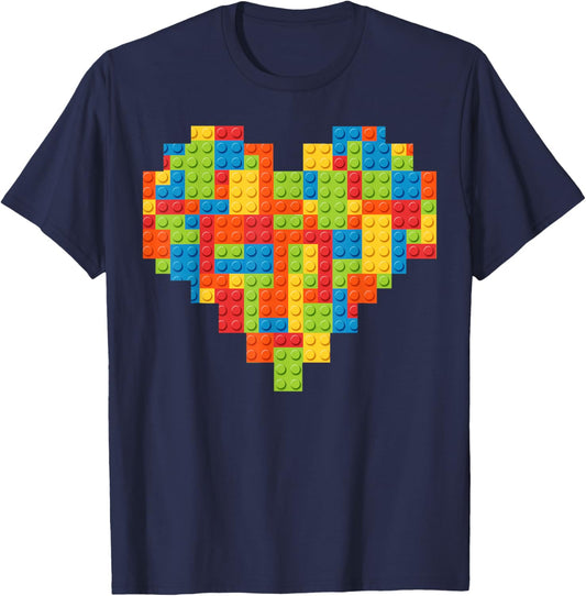 Brick Builder Heart Valentines Block Building Master Builder T-Shirt - T-Shirt | Navy