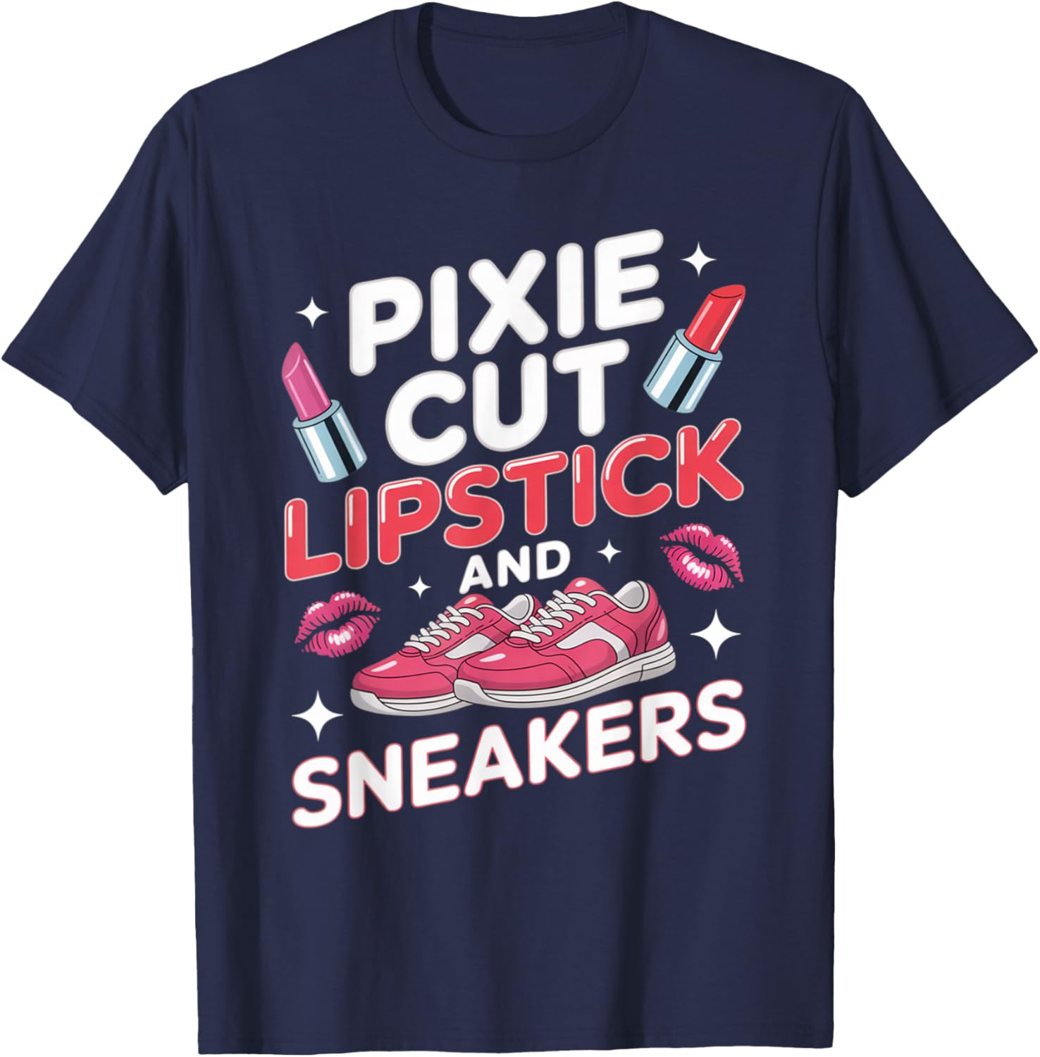 Pixie Cut Lipstick and Sneakers Short Hair Style T-Shirt - T-Shirt | Navy