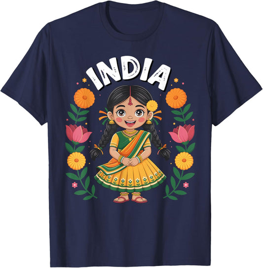 India Flag Culture Pride Cute Indian Girl for Kids T-Shirt - T-Shirt | Navy