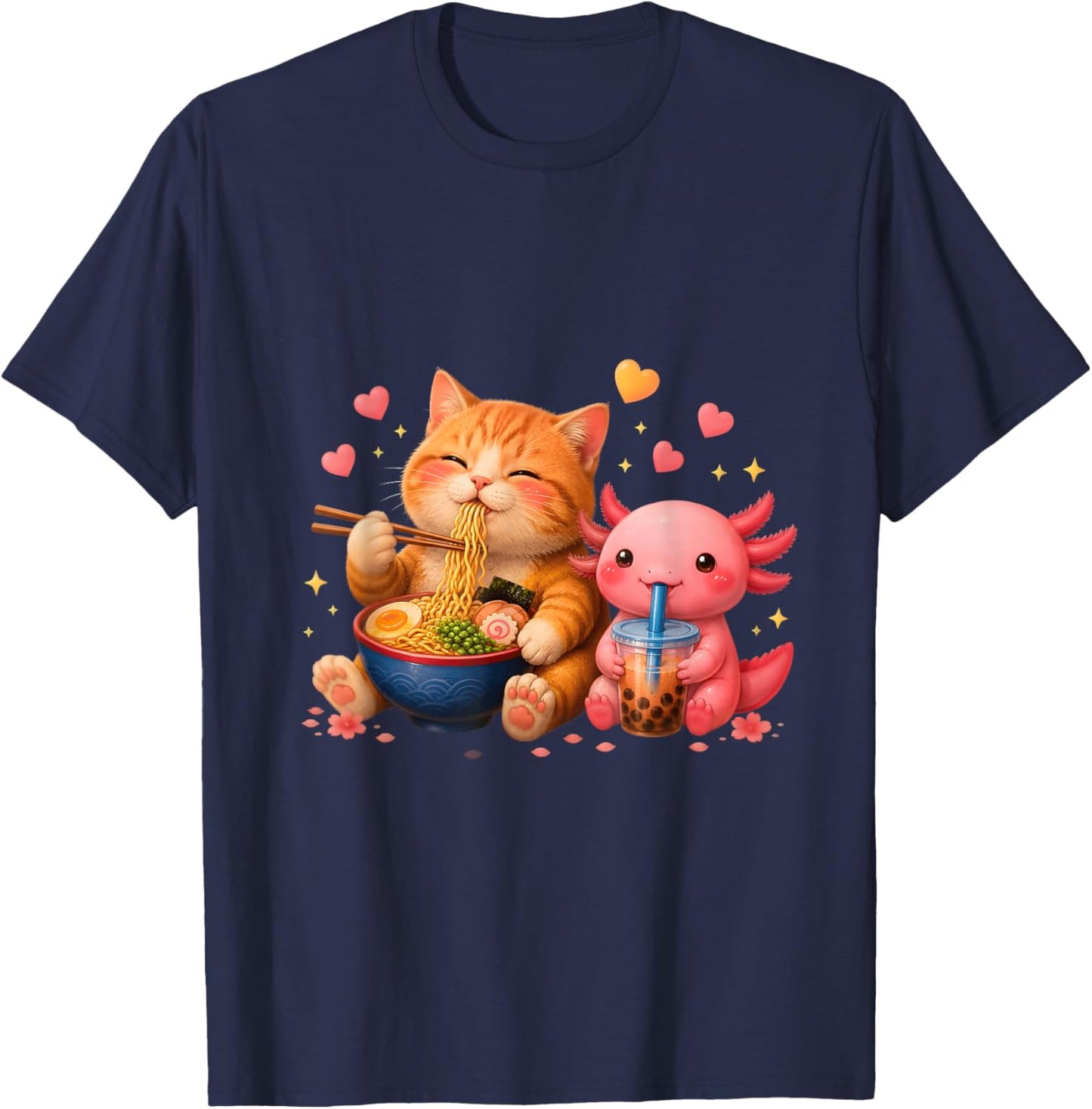 Cute Cat and Axolotl Ramen Bubble Tea Kawaii Anime Teens T-Shirt - T-Shirt | Navy