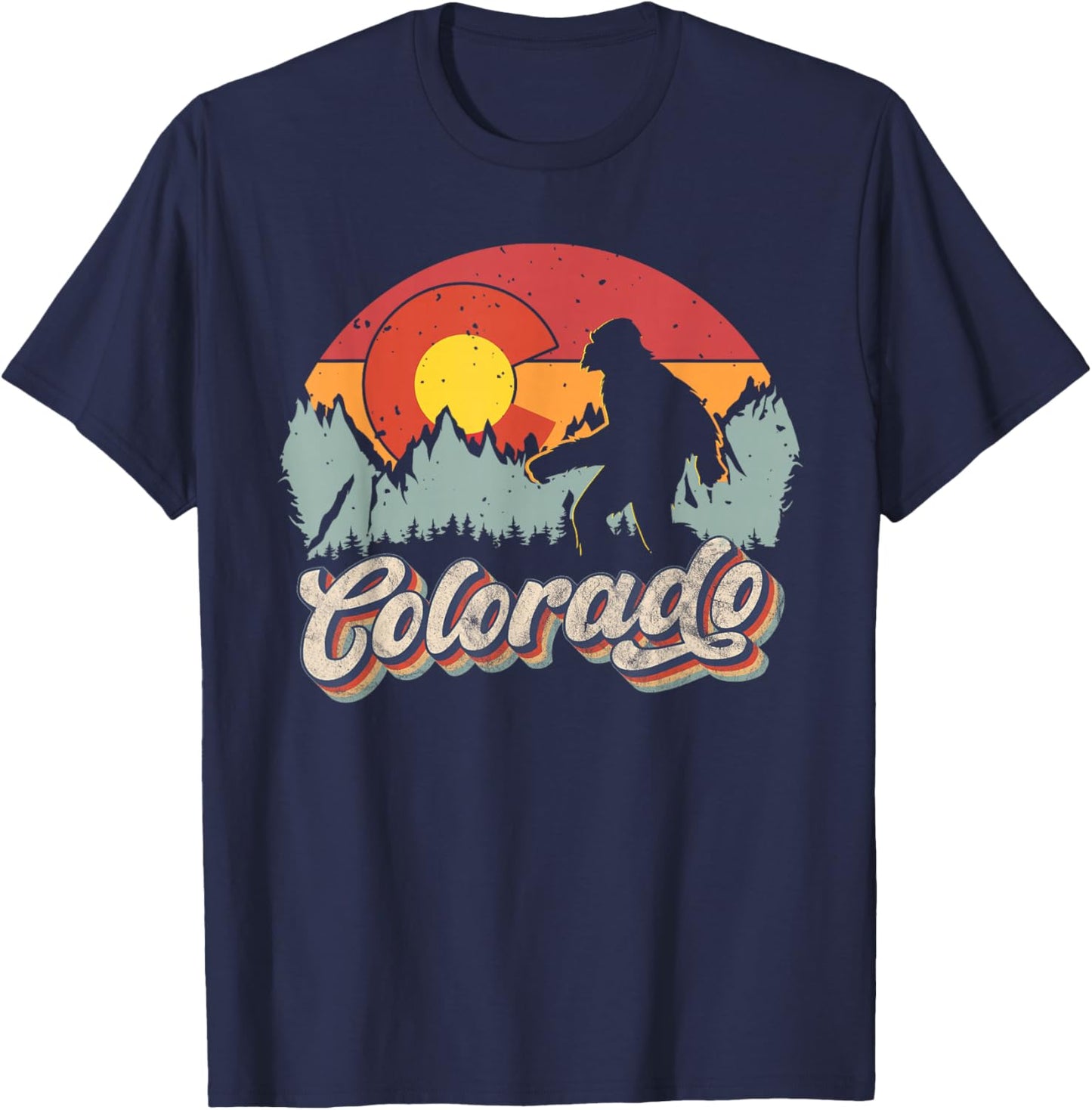 Colorado Mountain Hiking Bigfoot Camping Retro 80s Sasquatch T-Shirt - T-Shirt | Navy