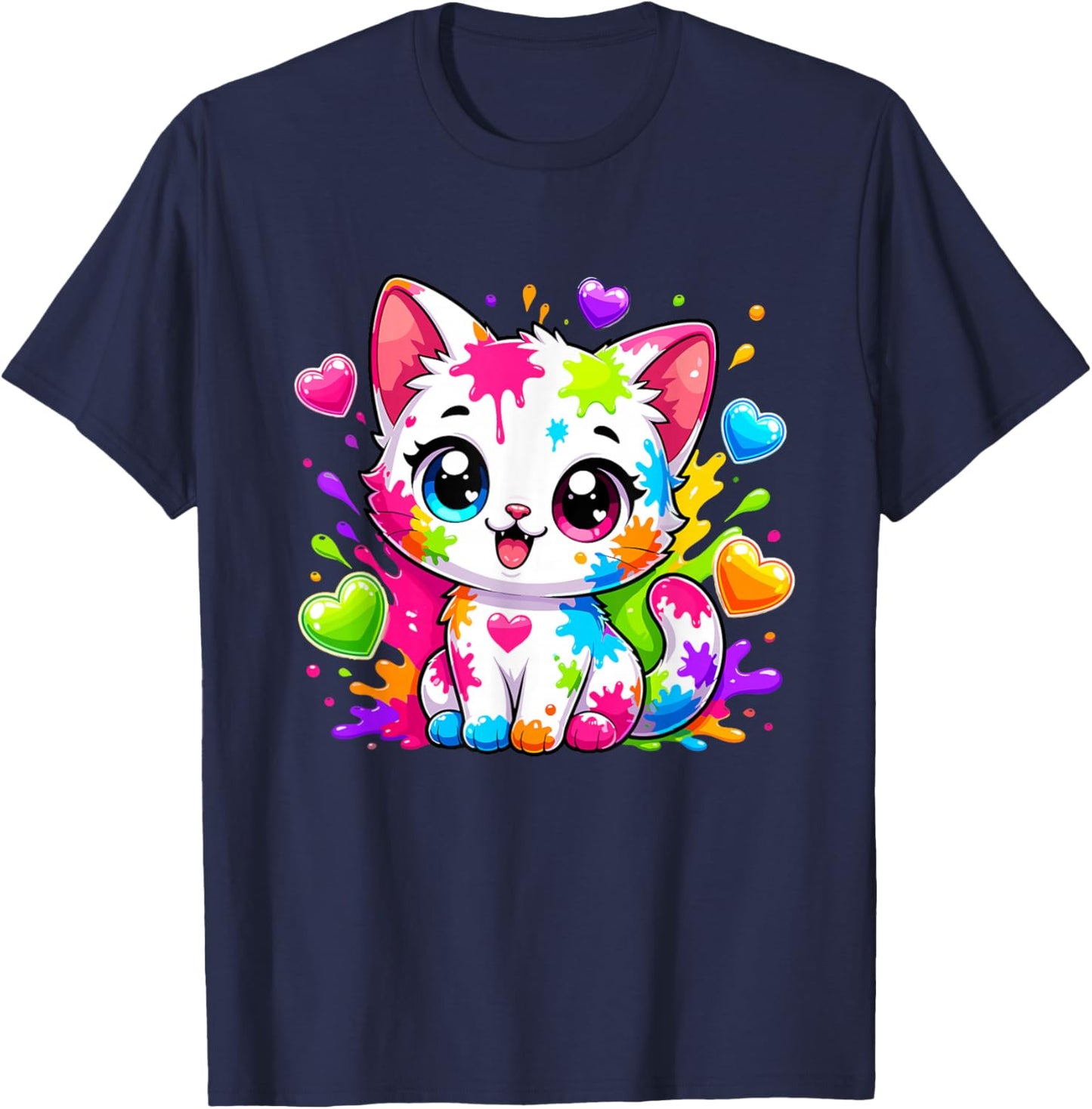 Coloré Rainbow Paint Splash Kawaii Chaton Mignon T-Shirt - T-Shirt | Navy